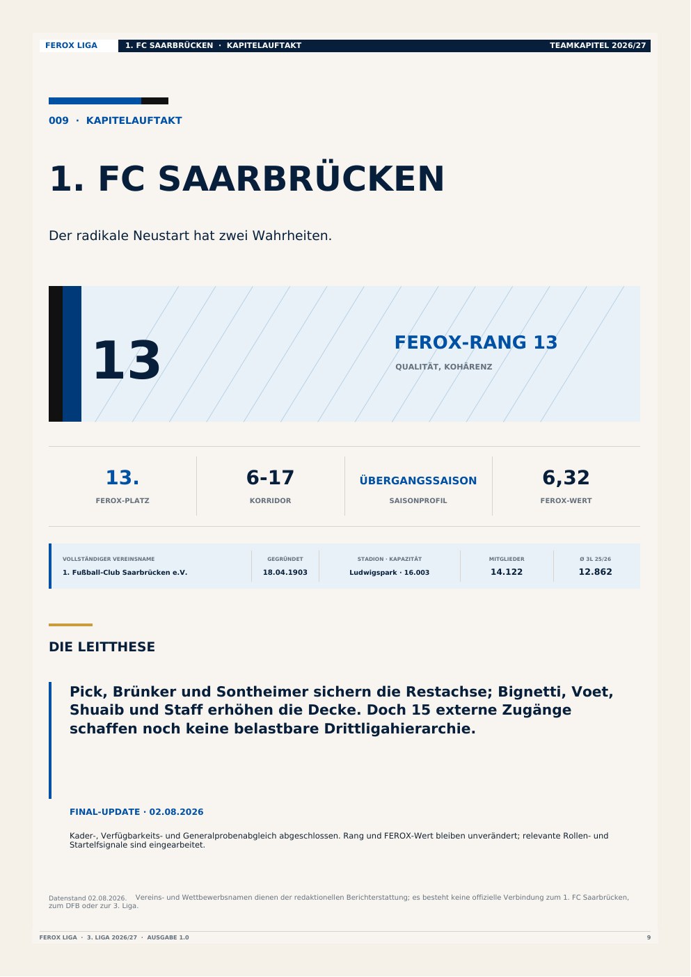 Kapitelauftakt zum 1. FC Saarbrücken mit FEROX-Rang und Saisonprofil